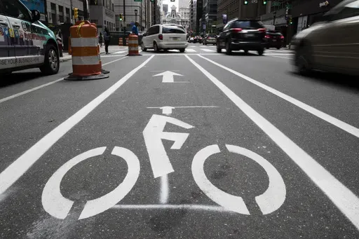 A bicycle lane along Market Street in Philadelphia, on June 4, 2018. (AP Photo/Matt Rourke, File)