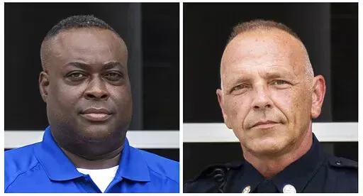 This photo combo of images provided by Bridgewater College shows campus safety Officer J.J Jefferson, left, and campus police Officer John Painter. On Tuesday, Feb. 1, 2022, a gunman shot and killed the two campus officers, prompting a protracted campus lockdown and search before the suspect was apprehended, state police and school officials said. (Matthew Cosner/Courtesy of Bridgewater College via AP)