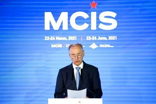 Russia's security council secretary Nikolai Patrushev delivers his speech at the IX Moscow conference on international security in Moscow, Russia, on June 24, 2021. With all eyes on a possible Russia invasion of Ukraine, Russian President Vladimir Putin is sending his top security envoy to the Balkans where Moscow has been trying to maintain influence mainly through its ally Serbia. Serbia’s pro-government media said Monday Nikolai Patrushev, the powerful secretary of the Kremlin’s Security 