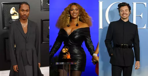 This combination of photos shows musicians, Steve Lacy, left, Beyonce, center, and Harry Styles. Lacy’s “Bad Habit” topped the Billboard Hot 100 chart and has continued to thrive. Beyoncé’s “Cuff It" track captures the spirit of fun, romance and infatuation. Style's chart-topper “As It Was” is a bittersweet and brightly packaged bop. (AP Photo)