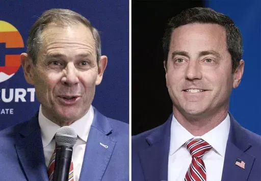 This combination photo of Republican senate nominees speaking in Salt Lake City shows Rep. John Curtis, R-Utah, left, on April 27, 2024, and Trent Staggs, a former Mayor of Riverton, Utah, on June 10. In a primary to replace retiring Sen. Mitt Romney, Utah voters will choose between Staggs, a Trump loyalist, and Curtis, a moderate candidate. (AP Photo)