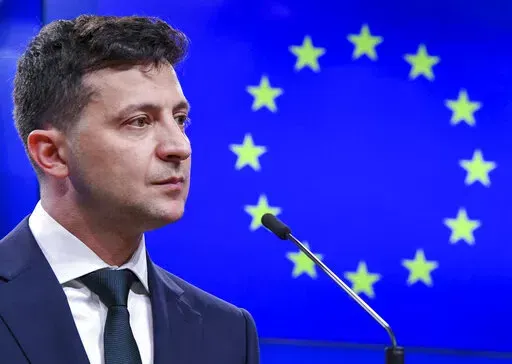Ukrainian President Volodymyr Zelenskyy speaks during a media conference at the Europa building in Brussels, June 5, 2019. Russia lost influence and friends since the collapse of the Soviet empire in 1989. But the nuclear superpower still holds sway over several of its neighbors in Europe and keeps others in an uneasy neutrality. The Russian invasion of neighboring Ukraine and the humanitarian tragedy it provoked over the past two weeks may have raised an Western outcry of heartfelt support. (AP