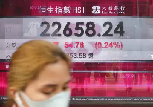 A woman walks past a bank's electronic board showing the Hong Kong share index at Hong Kong Stock Exchange Tuesday, March 1, 2022. Asian shares rose Tuesday as global investors eyed talks aimed at ending the Russian military assault on Ukraine, which so far have yielded an agreement to keep talking. (AP Photo/Vincent Yu)