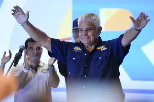 Presidential candidate Jose Raul Mulino, of the Achieving Goals party, celebrates after winning on the day of the general electing in Panama City, Sunday, May 5, 2024. (AP Photo/Matias Delacroix)