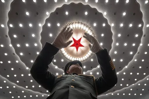 A Chinese military band conductor leads the band at the closing ceremony of the National People's Congress held at the Great Hall of the People in Beijing, Tuesday, March 11, 2025. (AP Photo/Ng Han Guan)