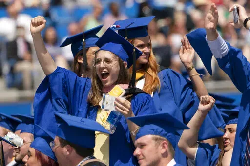 Graduates celebrate during the University of Delaware Class of 2022 commencement ceremony in Newark, Del., Saturday, May 28, 2022. The Department of Education says borrowers who hold eligible federal student loans and have made voluntary payments since March 13, 2020, can get a refund.(AP Photo/Manuel Balce Ceneta)