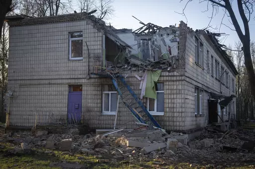 A damaged kindergarten following a Russian drone attack in Kyiv, Ukraine, Saturday, Nov. 25, 2023. Russia launched its most intense drone attack on Ukraine since the beginning of its full-scale invasion on Saturday morning, military officials said. (AP Photo/Efrem Lukatsky)