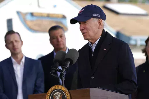 President Joe Biden speaks at Seacliff State Park in Aptos, Calif., Thursday, Jan 19, 2023, after seeing storm damage caused by the recent storms. (AP Photo/Susan Walsh)