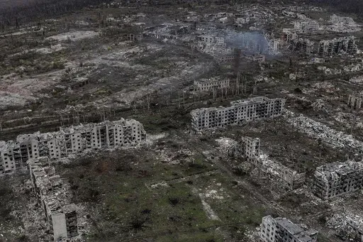An aerial view of Chasiv Yar shows the frontline city in ruins after heavy fighting between Russian and Ukrainian forces for over a year, Donetsk Region, Ukraine, Nov. 11, 2024. (AP Photo)