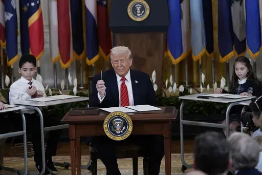 President Donald Trump speaks at an education event and executive order signing in the East Room of the White House in Washington, Thursday, March 20, 2025.(AP Photo/Jose Luis Magana)
