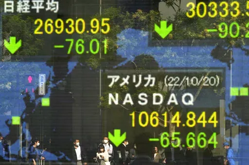 People are reflected  on an electronic stock board showing global indexes including Japan's Nikkei 225, top left, in front of a securities firm Friday, Oct. 21, 2022, in Tokyo. Asian shares were mostly lower Friday in muted trading, as investors kept an eye on inflation.(AP Photo/Shuji Kajiyama)