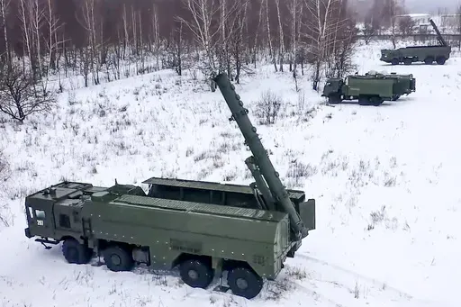 In this photo taken from video provided by the Russian Defense Ministry Press Service on Tuesday, Jan. 25, 2022, The Russian army's Iskander missile launchers take positions during drills in Russia. The Russian Defense Ministry said that the military will hold drills involving tactical nuclear weapons – the first time such exercise was publicly announced by Moscow. (Russian Defense Ministry Press Service via AP, File)