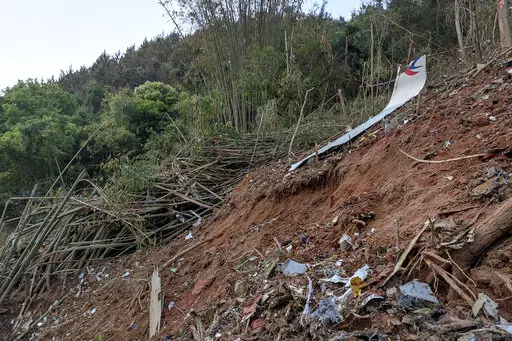 In this photo taken by mobile phone released by Xinhua News Agency, a piece of wreckage of the China Eastern's flight MU5735 are seen after it crashed on the mountain in Tengxian County, south China's Guangxi Zhuang Autonomous Region on Monday, March 21, 2022. A China Eastern Boeing 737-800 with 132 people on board crashed in a remote mountainous area of southern China on Monday, officials said, setting off a forest fire visible from space in the country's worst air disaster in nearly a decade. 