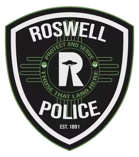 This image provided by the Roswell Police Dept. shows the new uniform patch. Famous for being the spot where a spacecraft purported crashed in 1947, Roswell, New Mexico, has become a mecca for people fascinated by extraterrestrial phenomenon. So it's only fitting that the city’s police force has uniform patches that are out of this world. The new patch was unveiled on Friday, March 8, 2024. (Roswell Police Dept. via AP)