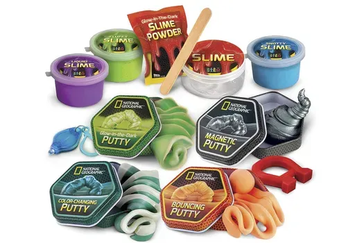 This product image released by Blue Marble/The Toy Insider shows items from Blue Marble’s National Geographic Mega Slime & Putty Lab Kit. (Blue Marble/The Toy Insider via AP)