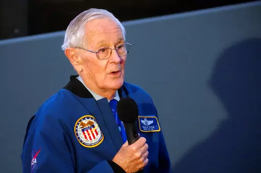 Retired NASA astronaut Charlie Duke speaks to a group of middle school students at the South Carolina State Museum on Friday, April 29, 2022, in Columbia, S.C. Duke, 86, is one of four U.S. astronauts still living who walked on the moon during the Apollo program. (AP Photo/Meg Kinnard)