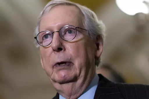 Senate Republican Leader Mitch McConnell, R-Ky., speaks to reporters following a closed-door policy meeting, at the Capitol in Washington, Tuesday, Feb. 28, 2023. McConnell has been released from the hospital after treatment for a concussion and will continue to recover in an inpatient rehabilitation facility. McConnell’s office says his doctors discovered over the weekend that he had also suffered a “minor rib fracture” after he tripped and fell at the Waldorf Astoria hotel in Washington 