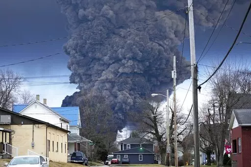 A black plume rises over East Palestine, Ohio, as a result of a controlled detonation of a portion of the derailed Norfolk Southern trains, Feb. 6, 2023. West Virginia's water utility says it's taking precautionary steps following the derailment of a train hauling chemicals that later sent up a toxic plume in Ohio. The utility said in a statement on Sunday, Feb. 16, 2023 that it has enhanced its treatment processes even though there hasn’t been a change in raw water at its Ohio River intake. (