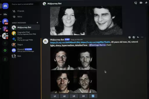 The computer screen of Santiago Barros shows old photographs of couple Maria Eugenia Gonzalez and Nestor Oscar Junquera, who disappeared during the 1976-1983 dictatorship, above AI-generated images, using an app called Midjourney, of what their stolen son might look like today, in Buenos Aires, Argentina, Thursday, Aug. 2, 2023. Barros using artificial intelligence to create images of what the children of parents who disappeared during the dictatorship might look like as adults and uploads them 