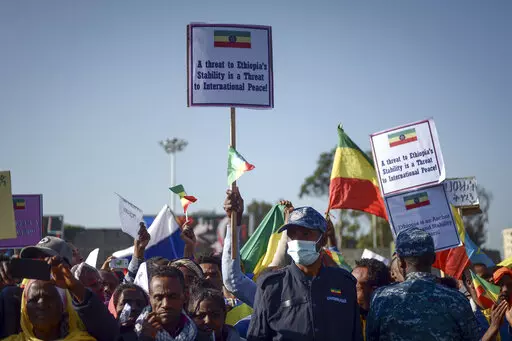 Ethiopians protest against what they say is interference by outsiders in the country's internal affairs and against the Tigray People's Liberation Front (TPLF), the party of Tigray's fugitive leaders, at a rally organized by the city administration in the capital Addis Ababa, Ethiopia Saturday, Oct. 22, 2022. A South Africa government spokesman says African Union-led peace talks to end Ethiopia's Tigray conflict have begun in South Africa on Tuesday, Oct. 25, 2022. (AP Photo, File)