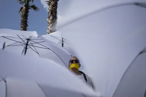 An activist with a yellow ribbon on her mouth holds a white umbrella during a protest calling for the release of hostages held in the Gaza Strip, in front of the U.S. Embassy branch office in Tel Aviv, Israel, Friday, Jan. 31, 2025. (AP Photo/Oded Balilty)