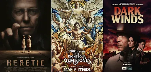 This combination of images shows promotional art for the film "Heretic," from left, the comedy series "The Righteous Gemstones," and the series "Dark Wind."(A24/Max/AMC via AP)