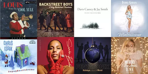 This combination of album cover images shows, top row from left, “Louis Wishes You a Cool Yule” by Louis Armstrong, “A Very Backstreet Christmas" by the Backstreet Boys, “Pickin’ On Christmas,” Davis Causey & Jay Smith, “Winterlicious” by Debbie Gibson, bottom row from left, “Everybody Knows It’s Christmas,” by Chris Isaak, “Santa Baby” by Alicia Keys, “Holidays Around the World” by Pentatonix and "Merry Christmas, Love" by Joss Stone. (Verve, BMG, Strolling Bones R