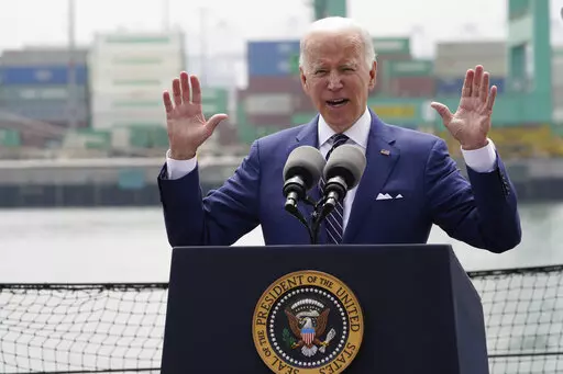 President Joe Biden speaks about inflation and supply chain issues at the Port of Los Angeles, Friday, June 10, 2022, in Los Angeles. (AP Photo/Damian Dovarganes)