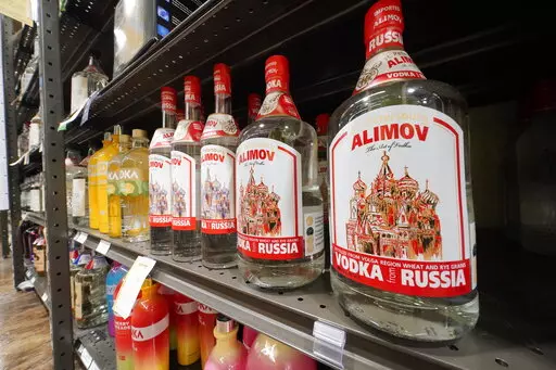 This is a display of Alimov Vodka, from Russia, in a Total Wine and More store in University Park, Fla., on Sunday, Feb. 27, 2022. The House voted overwhelmingly Thursday, March 17, to suspend normal trade relations with Russia and Belarus, preparing for President Joe Biden to enact higher tariffs on more products and further weaken the Russian economy in response to its military assault on Ukraine. The U.S. has already taken steps to shut off the importation of Russian oil, liquefied natural ga