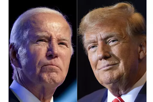 This combo image shows President Joe Biden, left, Jan. 5, 2024, and Republican presidential candidate former President Donald Trump, right, Jan. 19, 2024. Biden and Trump each won the White House through razor-thin margins in key states. Now they each must try to rebuild their once-winning coalitions. (AP Photo, File)