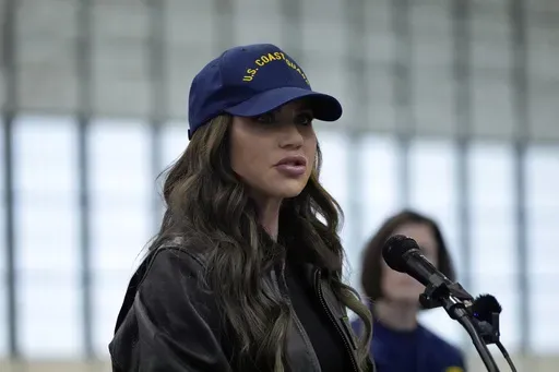 Homeland Security Secretary Kristi Noem speaks at U.S. Coast Guard Air Station Kodiak during a tour, Monday, March 17, 2025, in Kodiak, Alaska. (AP Photo/Alex Brandon)