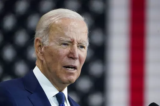 President Joe Biden speaks at the Volvo Group Powertrain Operations in Hagerstown, Md., Friday, Oct. 7, 2022. (AP Photo/Manuel Balce Ceneta)