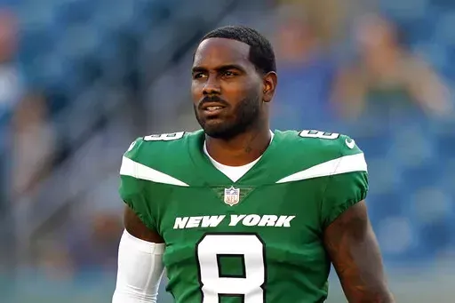 New York Jets' Elijah Moore is shown before a preseason NFL football game, Friday, Aug. 12, 2022, in Philadelphia. New York Jets wide receiver Elijah Moore was excused from practice by the team to attend to a personal matter involving his family. Moore wasn’t seen during the early portion of practice Thursday , Oct. 20, 2022, that reporters can watch. Coach Robert Saleh briefly updated reporters on the sideline on the reason for Moore’s absence without providing further details. (AP Photo/Ma