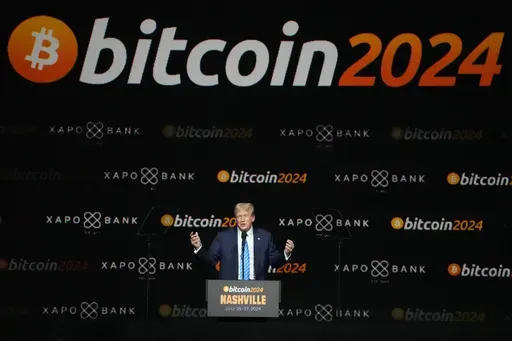 Republican presidential candidate former President Donald Trump speaks at the Bitcoin 2024 Conference Saturday, July 27, 2024, in Nashville, Tenn. (AP Photo/Mark Humphrey, File)