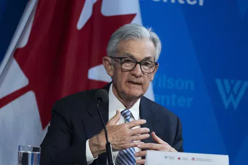 Federal Reserve Chair Jerome Powell participates in a Washington Forum on the Canadian Economy, together with Tiff Macklem, Governor of the Bank of Canada, Wednesday, April 16, 2025, in Washington. (AP Photo/Manuel Balce Ceneta)