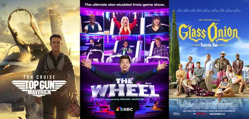 This combination of images shows "Top Gun: Maverick," streaming Dec. 22 on Paramount+, left, "The Wheel," a celebrity game show hosted by British comedian Michael McIntyre, premiering Dec. 19 on NBC, center, and "Glass Onion: A Knives Out Mystery" streaming Dec. 23 on Netflix. (Paramount+/NBC/Netflix via AP)