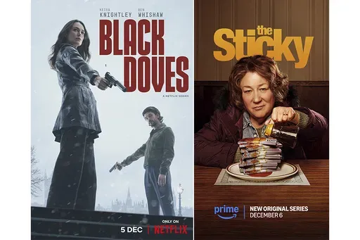 This combination of images shows promotional art for "Black Doves", left, and "The Sticky" (Netflix/Amazon Studios via AP)