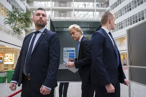 Geert Wilders, leader of the Party for Freedom, known as PVV, casts his ballot in The Hague, Netherlands, Wednesday, Nov. 22, 2023. Voters across the Netherlands have veered far to the right politically. The shift has been triggered by economic and cultural anxieties that have whipped up fears about immigrants. It's an extreme example of a trend being felt across the continent that could tilt the outcome of this year's European Union parliamentary election. (AP Photo/Mike Corder, File)