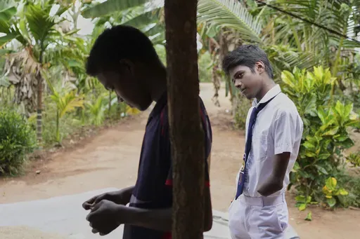 Kumarakulasingham Dinojan, 15, right, who lost his left hand below his wrist and has damaged fingers in his right hand from a mine blast six years ago, spends time with his brother Vilvaraj Jethurshan, 16, left, outside their house in Mankindy, Sri Lanka, Tuesday, April 1, 2025. (AP Photo/Eranga Jayawardena)