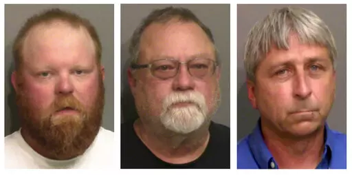 This combo of booking photos provided by the Glynn County, Ga., Detention Center, shows from left, Travis McMichael, his father Gregory McMichael, and William "Roddie" Bryan Jr.  Legal experts say federal hate crimes charges in the 2020 chase and killing of Ahmaud Arbery could prove more difficult to prosecute than the fall murder trial that ended in convictions of three white men. Jury selection is scheduled to begin Monday, Feb. 7, 2022 in U.S. District Court in Brunswick, Georgia.(Glynn Count