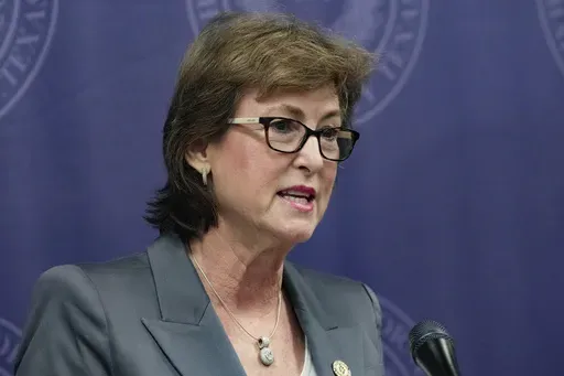 Harris County District Attorney Kim Ogg announces corruption charges related to 2022 Election during a press conference on Tuesday, Aug. 13, 2024, in Houston. Prosecutors in Texas’ largest county say an investigation found no evidence of intent to influence 2022 election outcomes, but Ogg said that her office will pursue criminal charges against a county employee who was allegedly working a second job while polls ran out of paper ballots. (Raquel Natalicchio/Houston Chronicle via AP)