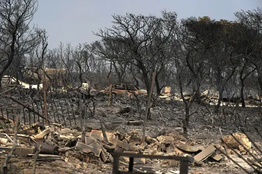 Burnt trees and a car after yesterday's fire in Mandra, west of Athens, on Wednesday, July 19, 2023. Europe is the fastest-warming continent and its temperatures are rising at roughly twice the global average, two top climate monitoring organizations reported Monday, April 22, 2024, warning of the consequences for human health, glacier melt and economic activity. (AP Photo/Thanassis Stavrakis, File)