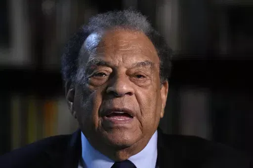 Civil Rights icon Andrew Young speaks during an interview with The Associated Press, Aug. 16, 2023, in Atlanta. The life, achievements and contributions of Young, the first African-American U.S. ambassador to the United Nations and an invaluable aide to the Rev. Dr. Martin Luther King Jr., go on display Tuesday, June 25, 2024, at the University of Mississippi. (AP Photo/Brynn Anderson, File)