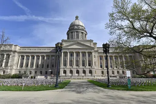 Exterior photo of the Kentucky State Capitol in Frankfort, Ky., Wednesday, April 7, 2021.  On Friday, July 1, 2022, The Associated Press reported on stories circulating online incorrectly claiming Kentucky is considering legislation that would require women to submit to the state every month a statement from a doctor indicating if they are pregnant — or else face penalties. (AP Photo/Timothy D. Easley, File)