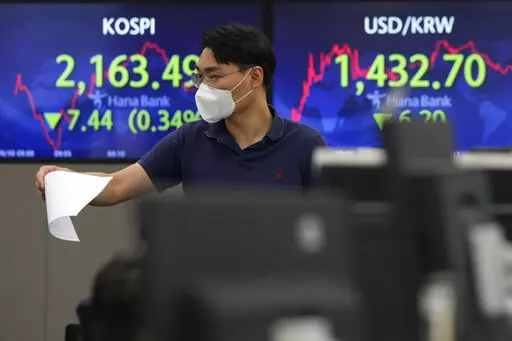 A currency trader gestures in front of the screens showing the Korea Composite Stock Price Index (KOSPI), left, and the exchange rate of South Korean won against the U.S. dollar, at the foreign exchange dealing room of the KEB Hana Bank headquarters in Seoul, South Korea, Friday, Sept. 30, 2022. Asian stocks have sunk again after German inflation spiked higher, British Prime Minister Liz Truss defended a tax-cut plan that rattled investors and Chinese manufacturing weakened. (AP Photo/Ahn Young-