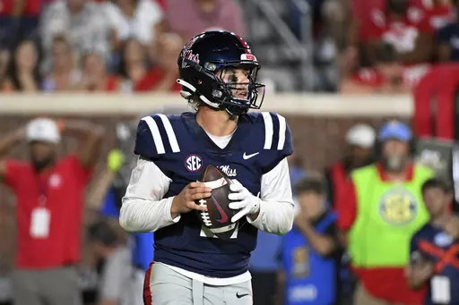 Mississippi quarterback Jaxson Dart looks to pass during the second half the team's NCAA college football game against Georgia Tech in Oxford, Miss., Saturday, Sept. 16, 2023. (AP Photo/Thomas Graning)