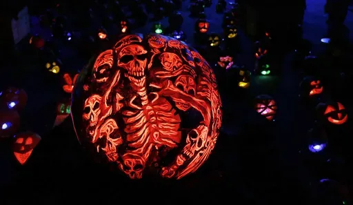A pumpkin carved and painted with skeletons is displayed at the Rise of the Jack O'Lanterns Show, Thursday, Oct. 27, 2016, in Boston. (AP Photo/Elise Amendola, File)