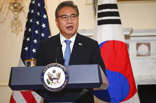 South Korean Foreign Minister Park Jin  speaks during a news conference with Secretary of State Antony Blinken at the State Department in Washington, Monday, June 13, 2022. (Roberto Schmidt/Pool via AP)
