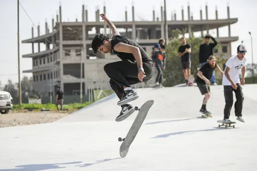 Skateboarders practice in the first skatepark of Baghdad, Iraq, Saturday, Feb. 1, 2025. (AP Photo/Anmar Khalil)
