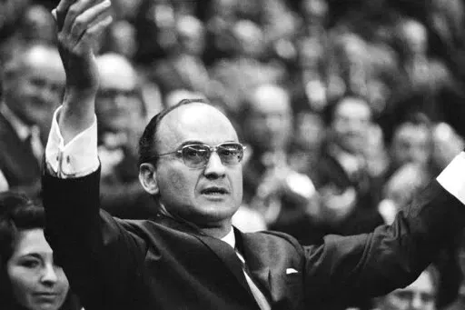 Luis Echeverria Alvarez speaks to party members after becoming the official nominee for the 1970-76 presidential race, during the closing session of the ruling Institutional Revolutionary Party's conventional at the Olympic Sports Palace in Mexico City, Nov. 16, 1969. Current President Andres Manuel Lopez Obrador confirmed the death of Echeverria on Saturday, July 9, 2022. Echeverria, who governed from 1970 to 1976, was 100. (AP Photo)